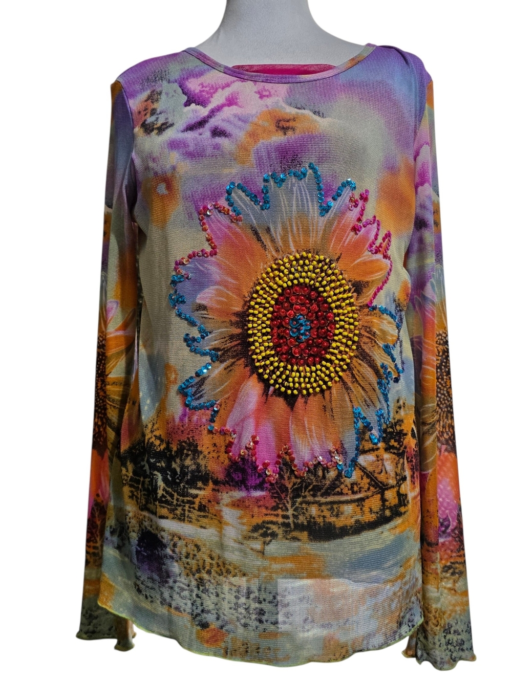 Kokomo Sunflower Rhinestone Mesh Top Women’s L Boho Floral Y2K Long Sleeve